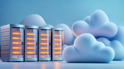 Poster - Server racks and stylized clouds representing cloud computing services
