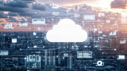 Poster - Cloud computing diagram connecting all buildings in smart city at sunset