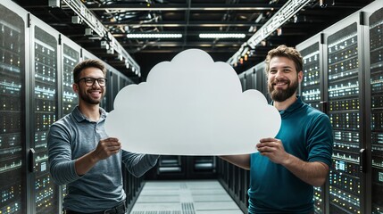 Poster - It engineers holding cloud symbol in data center