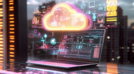 Poster - Laptop showing cloud computing statistics and data analysis in futuristic office