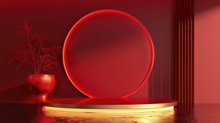 Wall Mural - Chinese red background podium 3d stage product year new gold china lunar luxury stand. Golden chinese display background red award pedestal abstract light studio shape asian circle happy modern maroon