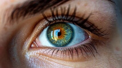 Fototapete - This close-up reveals a stunning human eye featuring a vibrant, multi-colored iris and detailed patterns that mimic artificial intelligence circuits.