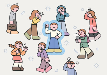 Poster - People with the flu are walking around the streets. Among the crowd, a person with a strong immune system is striking a powerful pose. Cuttiny character with outline.