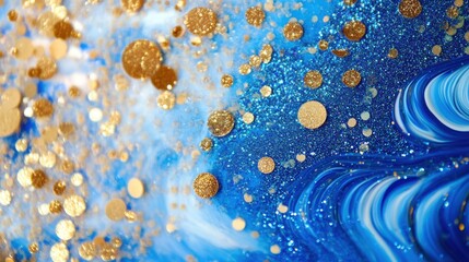 Poster - Vibrant combination of blue and gold glitter creates an enticing abstract composition with dynamic textures and shimmering patterns