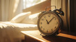 © 沈军 贡 - A vintage alarm clock on the bedside table, with morning sunlight streaming in through an open window
