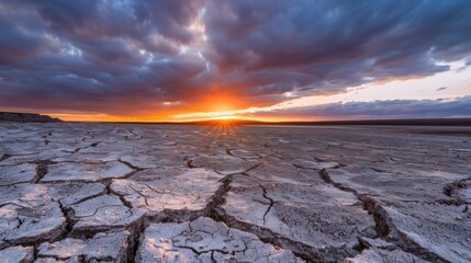 Wall Mural - stunning sunset casts vibrant colors over parched desert terrain with deep cracks, capturing the sta
