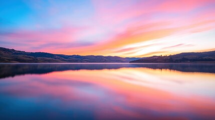 A spectacular display of colors fills the sky as the sun sets, reflecting beautifully in the calm waters of the lake surrounded by hills