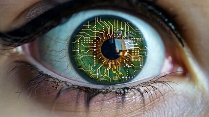 Leinwandbilder - A close-up view of an eye showcases vibrant green colors blended with intricate circuit patterns. The captivating design represents the fusion of technology and biology, reflecting a digital future.