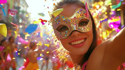 Wall Mural - Vibrant Brazilian Carnival Celebration with Young Smiling Woman in Glitter Mask. Concept of Joyful Festivity, Cultural Tradition, Lively Street Party, and Colorful Parade.. Copy space