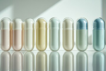 Wall Mural - Eight pastel-colored capsules lined up, possibly representing different medications or supplements.