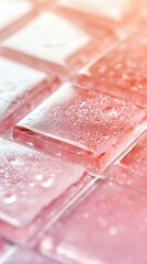 Poster - Delicate pink glass tiles displayed closely together, showcasing a shimmering texture with water droplets for added visual interest