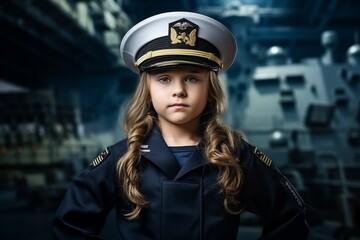 Wall Mural - Portrait of a cute little girl in pilot's cap and uniform