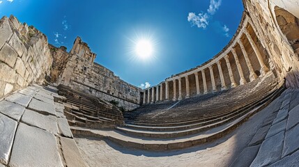 The ancient Greek theater at sunset, with a panoramic view of old ruins and the stage under the sun in Greece, symbolizing concerts, landscapes, travel, and history.