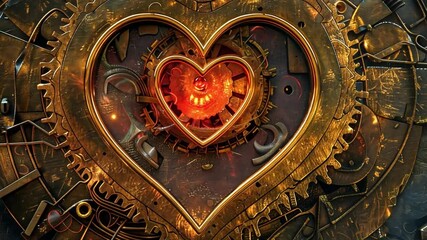 Poster - This golden mechanical heart surrounded by intricate gears symbolizes love.