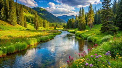 Wall Mural - serene river flowing through a lush green valley surrounded by towering trees and wildflowers, trees, peaceful