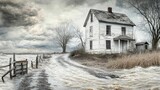 Rural House Surrounded by Flooded Fields in Overcast Weather