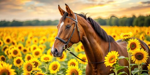 Wall Mural - Bay Horse in Bridle Under Sunflowers, countryside, equine,  countryside, equine, horses, nature, animals in the wild