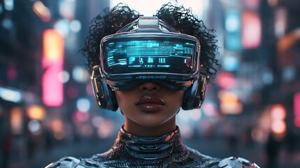 Poster - Virtual reality experience futuristic city digital art urban environment close-up view technology and innovation