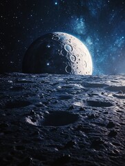 Wall Mural - a stunning digital illustration of a night time lunar landscape, featuring a bright moon in the sky 
