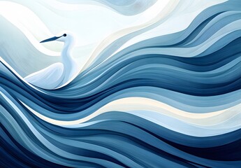 Canvas Print - Serene White Bird Amidst Blue Wavy Abstract Art