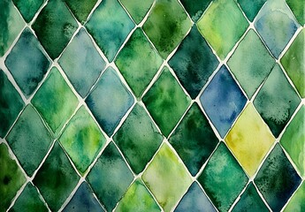 Canvas Print - Abstract Watercolor Diamond Pattern Green Shades