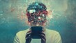 © artsGentor - Unwanted message concept. Person with a digital head holding a smartphone in a futuristic setting.