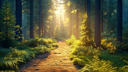 Aufkleber - This Sunshine filters through tall trees, illuminating a serene forest path surrounded by lush foliage.