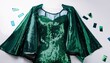 © Timothy - green sequined dress and cape with matching fabric swatch