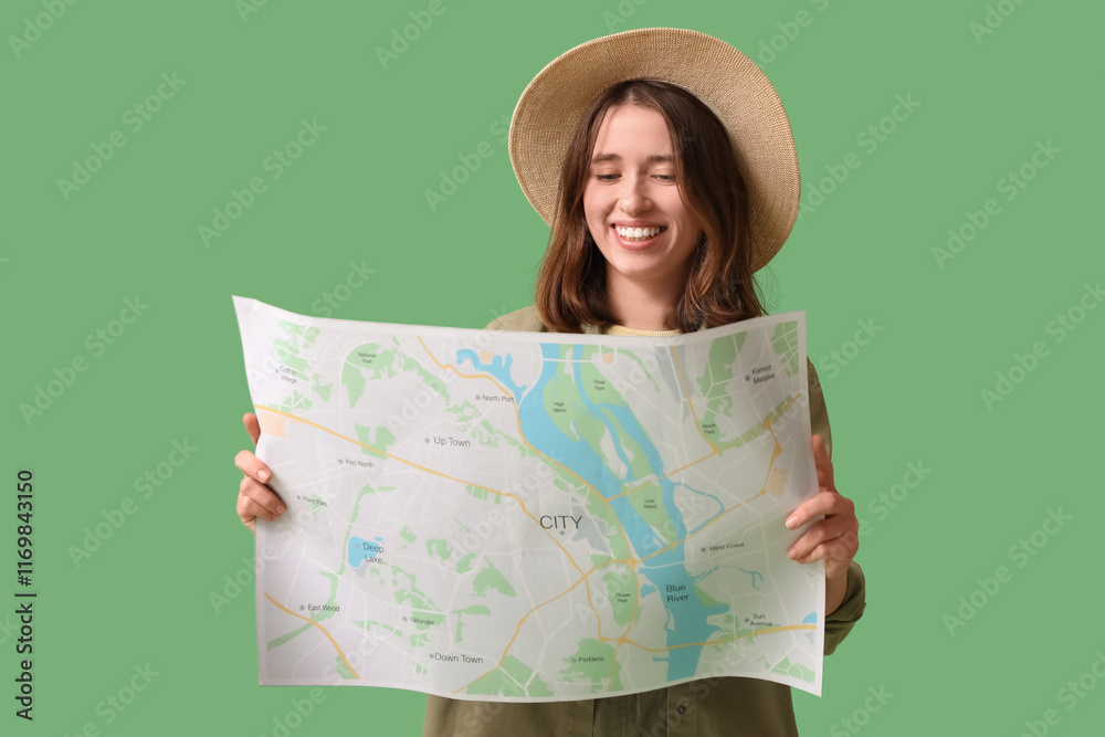 Female traveler with city map on green background. Itinerary concept