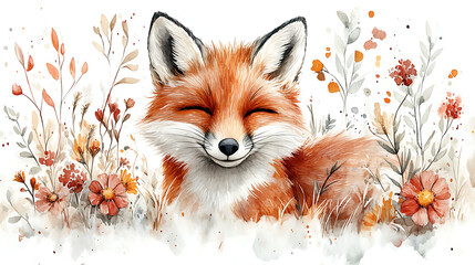 Wall Mural - Happy fox surrounded by autumn flowers.