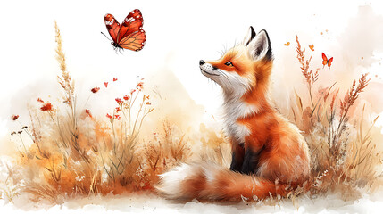 Wall Mural - Cute fox kit sitting in tall grass looking at a butterfly.