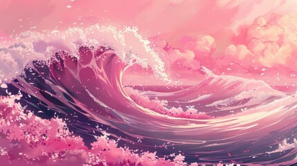 Wall Mural - huge pink wave background , anime style,