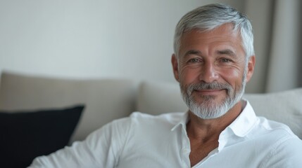 A man with gray hair and a beard is smiling in a comfortable living room.