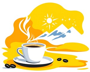 Sticker - A steaming cup of coffee sits on a saucer against a vibrant backdrop of mountains, sun, and stars.