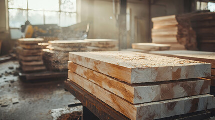 Freshly Milled Lumber Stacked in Sunlit Workshop with Large Wooden Beams