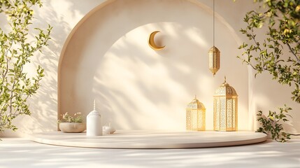 Canvas Print - Serene Ramadan Setting With Golden Lanterns And Plants