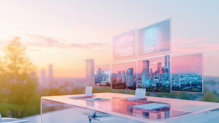 Poster - futuristic office setup features transparent desk with multiple digital screens displaying cityscapes and data visualizations against sunset backdrop