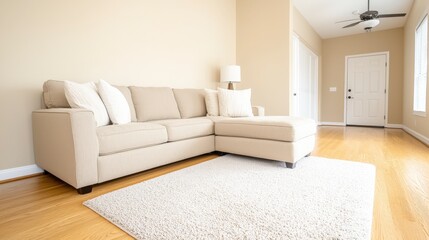 Cozy and Modern Living Room with Stylish Beige Sofa and Bright Natural Lighting