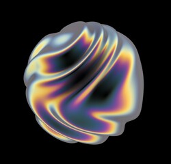 Poster - Holographic glossy sphere with ripples and distortions on the surface with rainbow iridescences.  Abstract 3D illustration of a futuristic glitch ball made of chrome material.