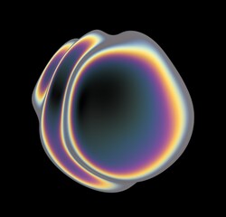 Poster - Holographic glossy sphere with ripples and distortions on the surface with rainbow iridescences.  Abstract 3D illustration of a futuristic glitch ball made of chrome material.