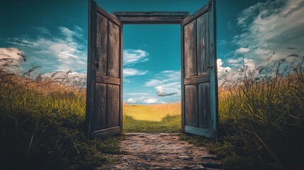 Wall Mural - Wooden Doorway Opens To A Sunny Field And Sky