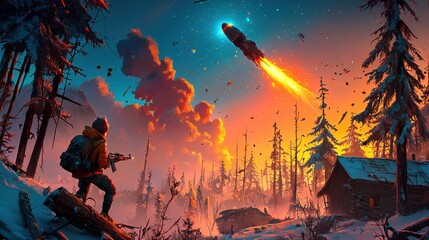 Poster - Meteoric crash event remote forest digital artwork enchanted wilderness first-person perspective glowing meteor impact