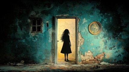 Poster - Mysterious shadowy figure in doorway of abandoned structure haunting scene digital art eerie atmosphere dramatic perspective