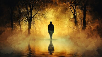 Poster - Eerie figure walking on water in a misty swamp haunting scene surreal environment mysterious atmosphere