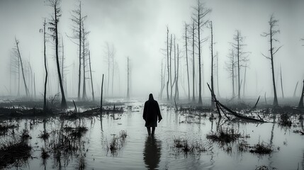 Poster - Eerie figure walking on water in a misty swamp haunting scene nature photography atmospheric environment mysterious viewpoint