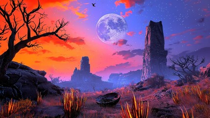 Poster - Exploring an alien landscape with towering rock formations under a moonlit sky sci-fi art surreal environment distant viewpoint otherworldly concept