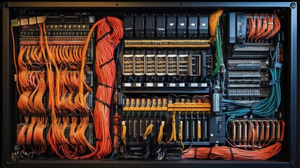 Poster - Complex network server rack with numerous cables and components. Illustrates intricate data center infrastructure and connectivity.