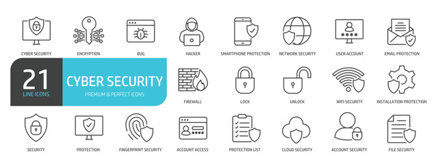 set of line icons related to cyber security, protection, access, privacy. outline icons collection. 