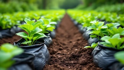 Young plants growing from black bags in row