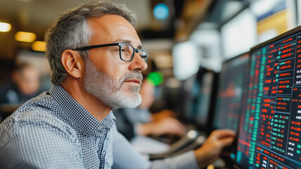 Poster - Man in a white shirt and glasses is looking at a computer screen with a lot of numbers on it